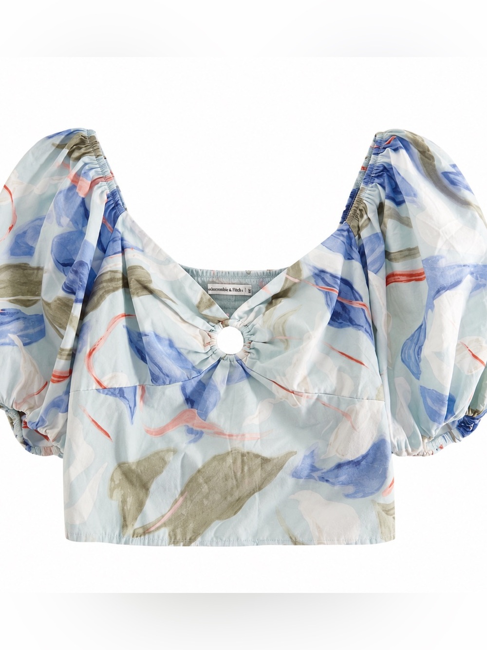 Abercrombie & Fitch Puff-Sleeve Cropped Top in Multi Blue and Cream Print, Large